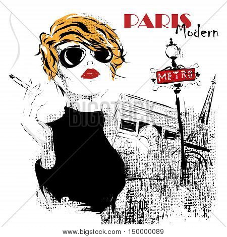Fashion girl in sketch-style. Paris fashion. Vector illustration.