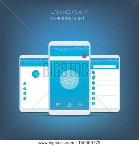 Flat design user interface for smart phone or mobile contact apps. Navigation menu with line icons and buttons. Contacts details and list screens. Eps10 vector application.
