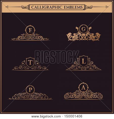 Luxury logos monogram. Vintage royal flourishes elements. Calligraphic symbol ornament. Letter in frame F, G, T, L, P, A.