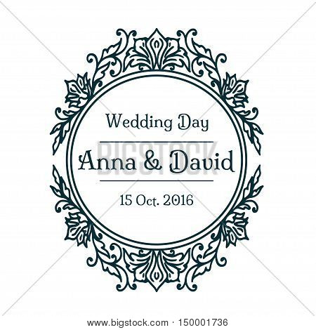 Floral calligraphic wadding badge frame. Vector illustration