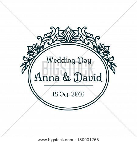 Floral calligraphic wedding badge frame. Vector illustration