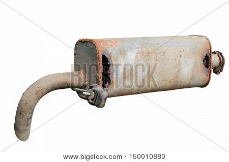 Old car muffler. Front and corrosion damage. Isolated on white background.