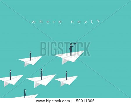 Businessman with monocular on paper plane as a symbol of business leadership. Eps10 vector illustration.