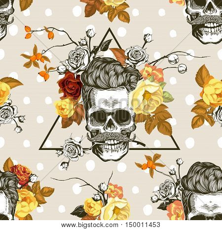Autumn mood. Hipster seamless pattern with the skulls, autumn flowers and leaves in the background. Skull silhouette in engraving style. Vector.