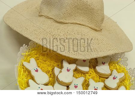 White rabbit cookies on a decorated plate