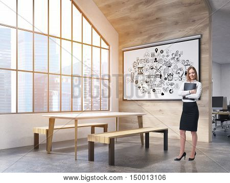 Woman in office interior with whiteboard with business sketches table and benches and attic window. New York City. Concept of office recreation area. 3d rendering.