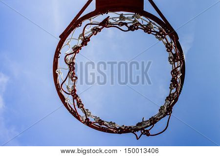 A view of a basketball hoop from below