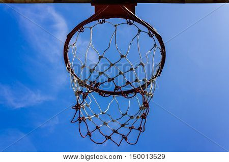 A view of a basketball hoop from below