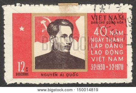 MOSCOW RUSSIA - CIRCA SEPTEMBER 2016: a stamp printed in VIETNAM shows a portrait of Nguyen Ai Quoc the series "The 40th Anniversary of Vietnamese Worker's Party" circa 1970