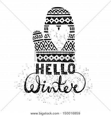 Hello winter text brush lettering and knitted woolen mitten with heart. Seasonal shopping concept design for the banner or label. Isolated vector illustration.