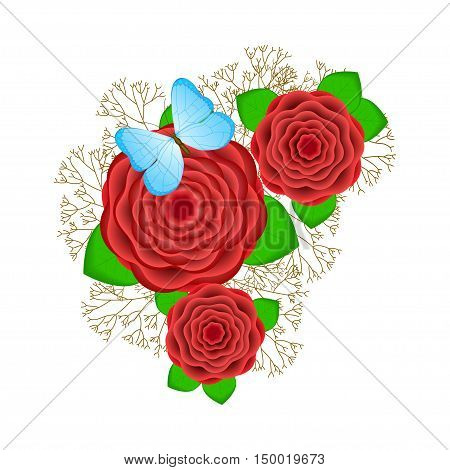 Creative red flowers with the butterfly and branches on the white background