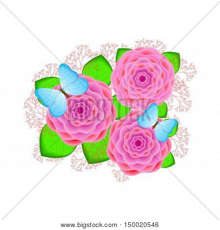 Creative pink flowers with the butterflies and branches on the white background