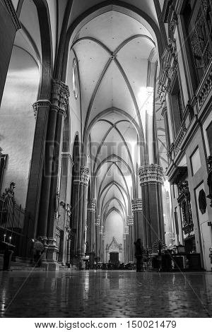 BOLOGNA, ITALY - MARCH 3, 2016: Interior of the main city church - Basilica of San Petronio - is famous for it's colors. Largest church built in bricks of the world. Black and white