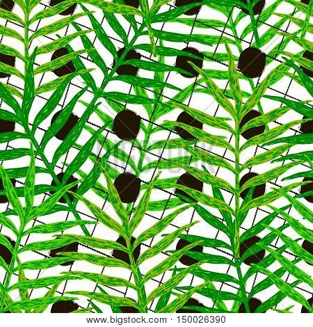 Vector seamless pattern from green leaves on the white background with black circles and lines