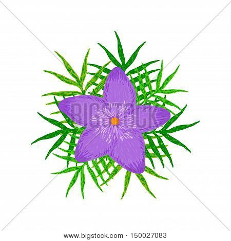 The creative purple flower with green leaves on the white background