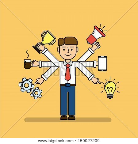Isolated multitasking businessman. Talented funny man with six hands. Loudspeaker, idea, coffee, golden cup, gear and smartphone.