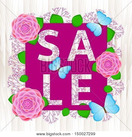 Sale - text with colorful flowers and butterflies on the light background from wood