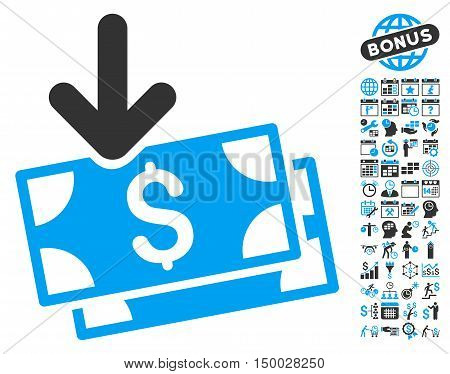 Get Banknotes pictograph with bonus calendar and time management images. Vector illustration style is flat iconic bicolor symbols, blue and gray colors, white background.