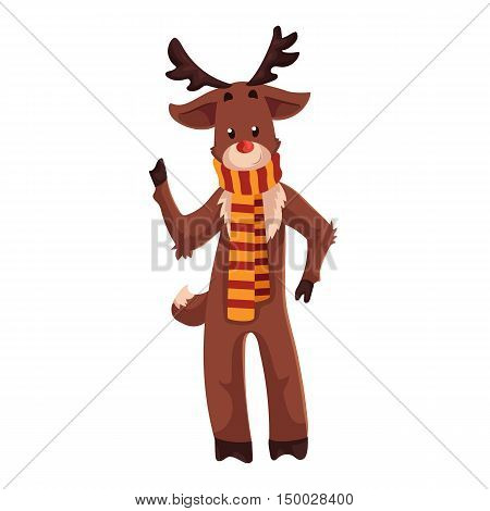 Santa's red nosed reindeer Rudolf standing in a striped scarf, cartoon vector illustration isolated on white background. Drawing of reindeer, traditional Xmas character, Christmas decoration element