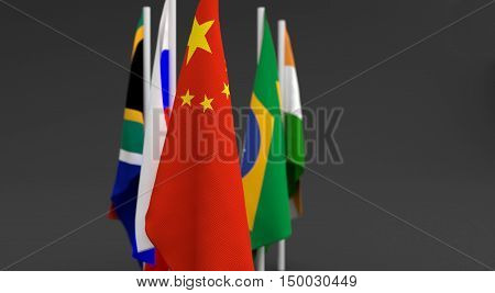 Illustration 3D Render, Flags Of The Five Countries Of The Brics,