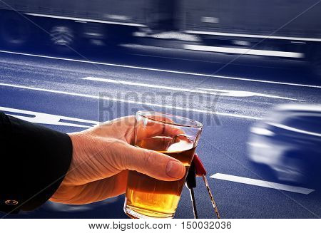 hard drinker with liqueur glass and going cars