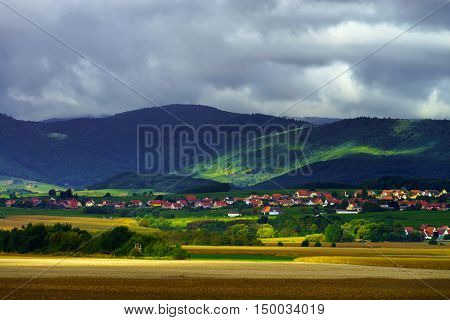 Beautiful Colorful Rural Landscape With Contrast Areas Of Light And Shadows