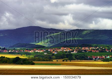 Beautiful Colorful Rural Landscape With Contrast Areas Of Light And Shadows