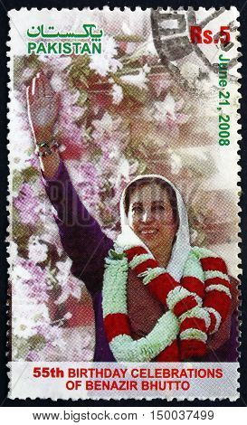 PAKISTAN - CIRCA 2008: a stamp printed in Pakistan shows Mohtarma Benazir Bhutto 55th Birthday Celebration circa 2008