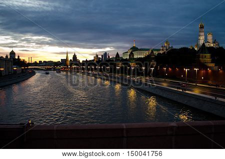 Night shot of Moscow. View of the Moscow river from Bolshoy Moskvoretsky bridge. Evening Moscow is especially beautiful
