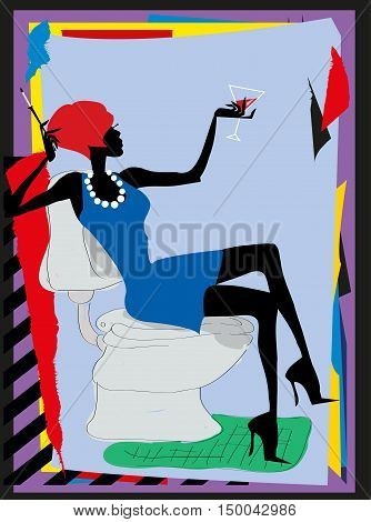 the modern girl sits in a toilet with a glass of wine and a cigarette