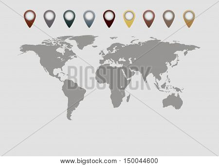 Vector world map with colorful pointer marks isolated on a white background