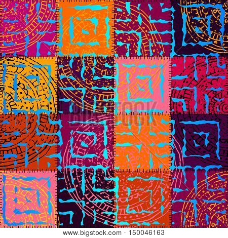 Seamless background pattern. Magenta patchwork with ornament