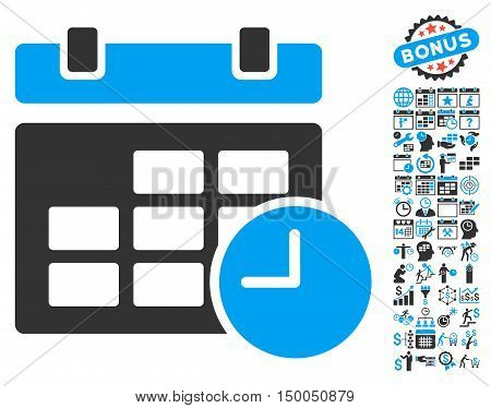 Date and Time pictograph with bonus calendar and time management pictogram. Vector illustration style is flat iconic bicolor symbols, blue and gray colors, white background.