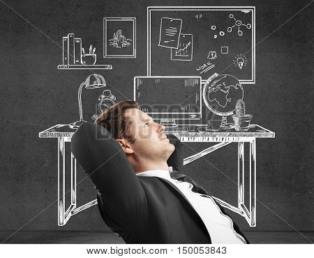 Side view of handsome young businessperson in suit relaxing in creative drawn office on concrete background
