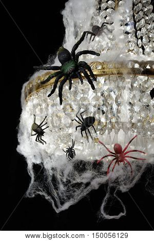 Spiders on the chandelier a tangled web of a decoration for Halloween