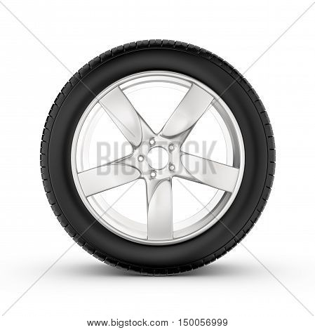 3d rendering of wheel with one in profile isolated on white background. Rubber and caoutchouc. Transport and Transportation.