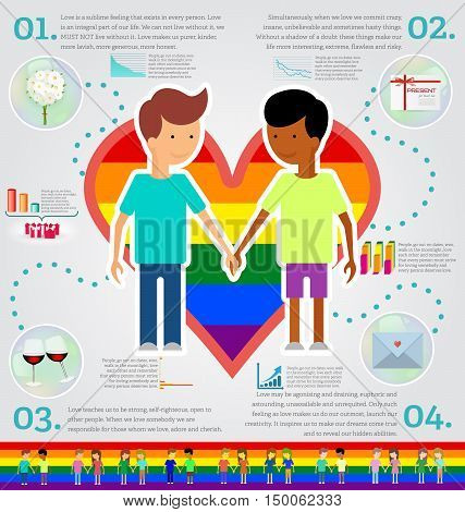 Love marriage couple of two men infographic set. Same-sex marriage. Vector illustration image LGBT International flag (lesbian gay bisexual). Flat style