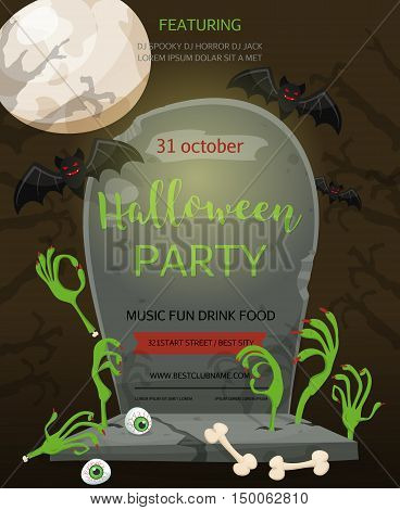 Halloween party baner. A gravestone with an inscription and the zombie hands a festive poster. Rertro cartoon style vector illustration