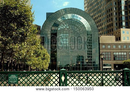 New York City - July 22 2006: The glass and steel Winter Garden atrium at Brookfield Place on Manhattan's lower west side