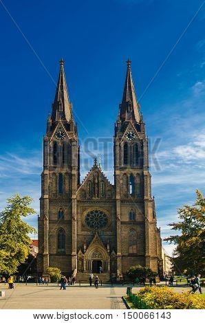 Medieval Kostel sv. Ludmily - Church of St. Ludmila - in Prague, Czech republic, travel outdoor european religious image