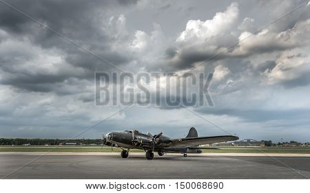 American World War 2 Bomber sitting on airport runway