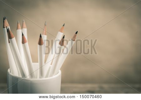 Group of sharp white pencil in case. Vintage style photo