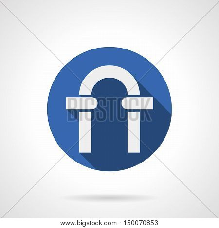 White silhouette of round archway frame. Classic arch portal with columns and stones. Architecture elements. Blue circle flat design vector icon.
