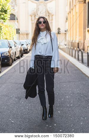 Fashionable Woman Posing During Milan Fashion Week