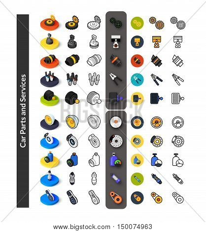 Set of icons in different style - isometric flat and otline, colored and black versions, vector symbols - Car parts and services collection