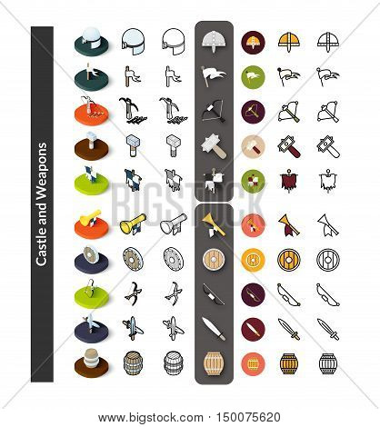Set of icons in different style - isometric flat and otline, colored and black versions, vector symbols - Castle and weapons collection