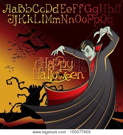 Cartoon Dracula vector. Halloween font set. Vampire Dracula Halloween. Halloween background