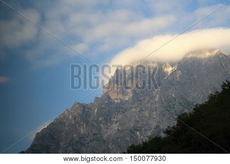 Mountain Gran Sasso in Italy with morning fog.