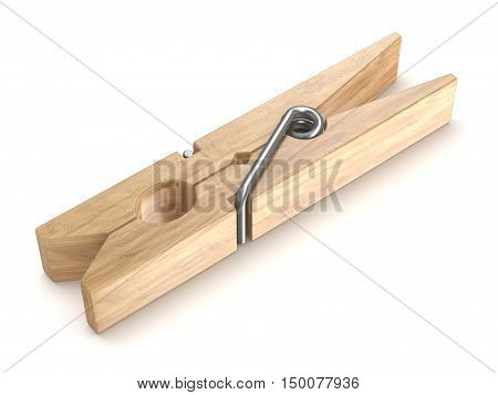 One wooden clothespin. 3D render illustration isolated on white background