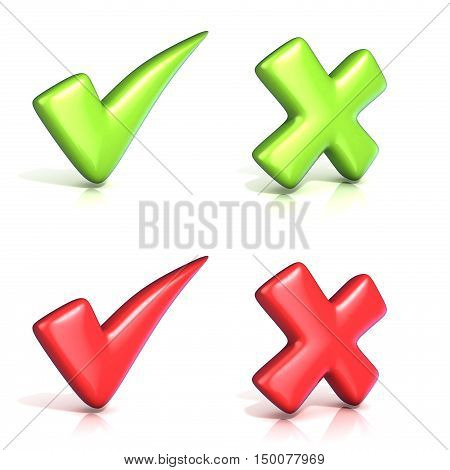 Correct and incoorrect check marks. 3D render illustration isolated on white background
